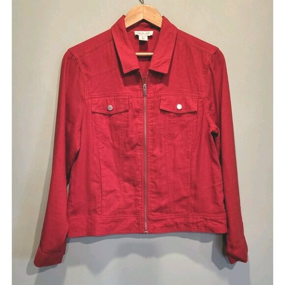 Rachael Zoe Red Linen Blend Lightweight Full Zip Jacket Pockets Sz L - Picture 1 of 7